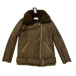NWT J.O.A. Faux Shearling Biker Moto  Jacket Women's Size XS Olive